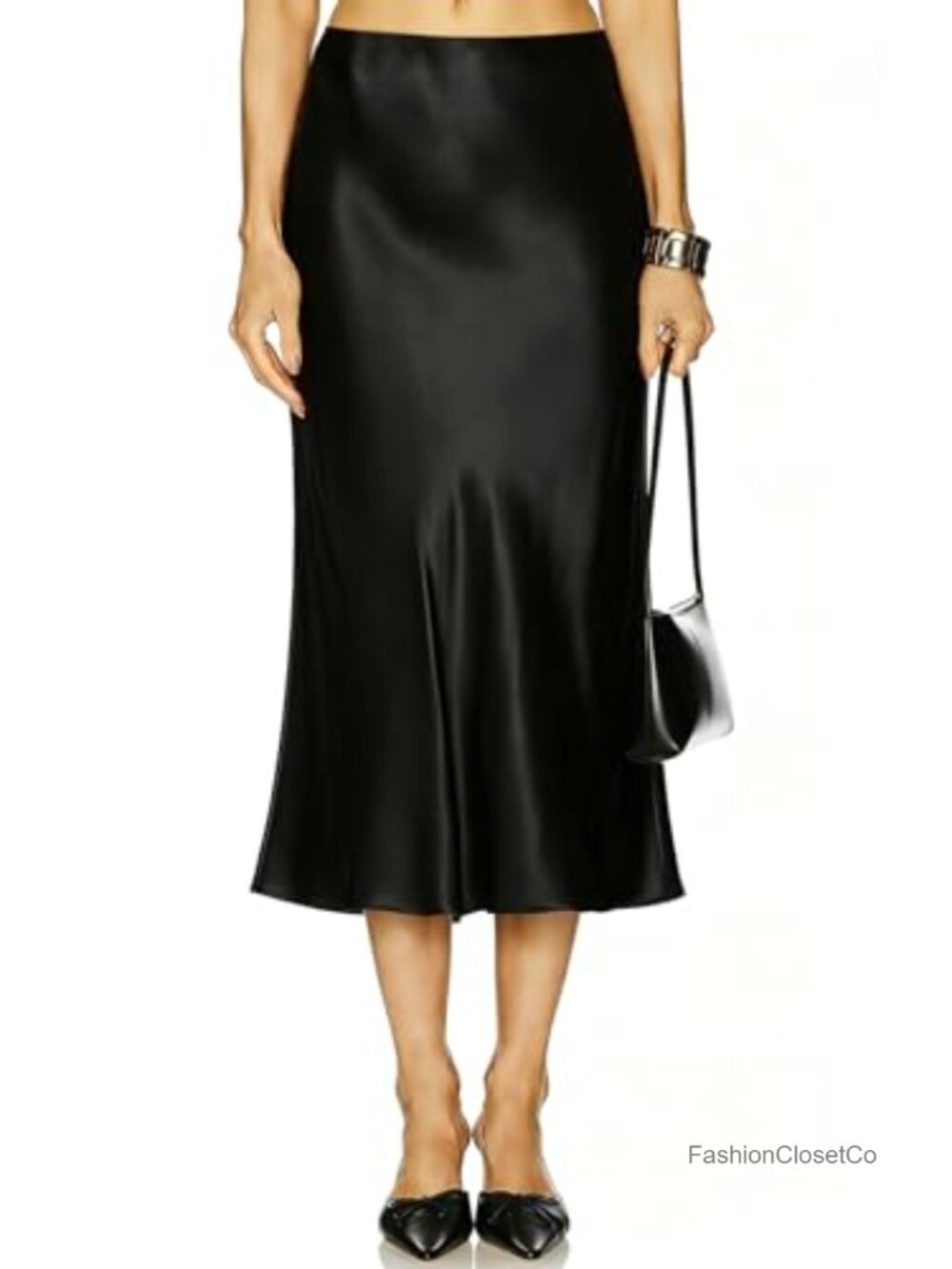 Satin Midi Skirt High Waisted A-Line Flowy Vintage Silk Feel Women's